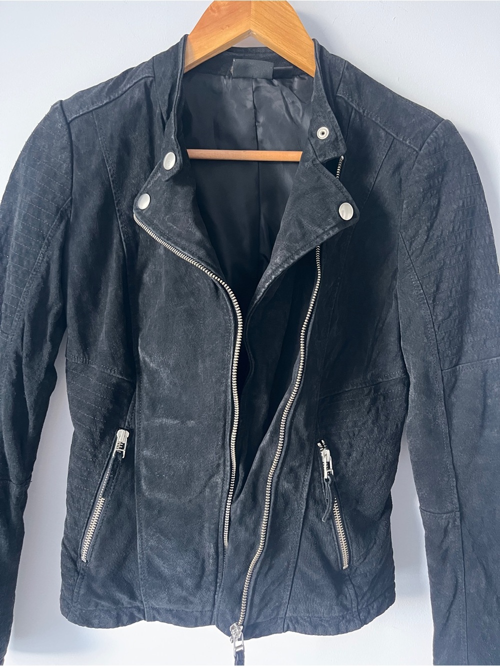 Suede Leather Black Moto Jacket | Silver Zippers | Sz 6 | Grunge Chic